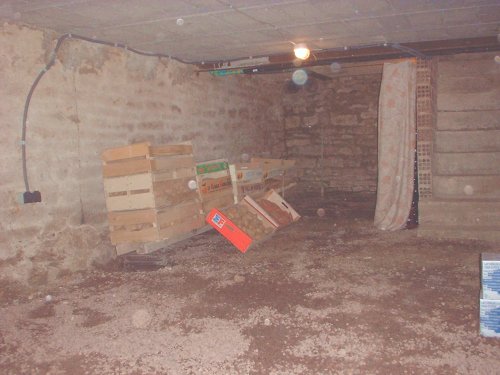 The newly dug out, lit and powered up cellar stocked with veggies - you have no idea how much physical pain was involved in this!